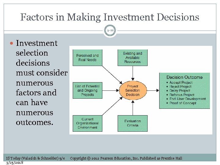 Factors in Making Investment Decisions 9 -22 Investment selection decisions must consider numerous factors