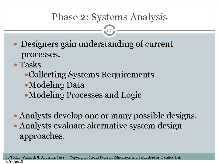 Phase 2: Systems Analysis 9 -36 Designers gain understanding of current processes. Tasks Collecting