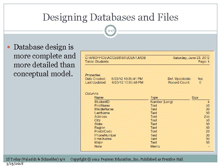 Designing Databases and Files 9 -47 Database design is more complete and more detailed