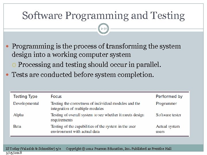 Software Programming and Testing 9 -50 Programming is the process of transforming the system