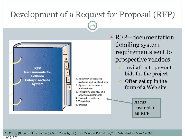 Development of a Request for Proposal (RFP) 9 -65 RFP—documentation detailing system requirements sent