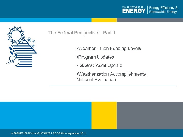 The Federal Perspective – Part 1 • Weatherization Funding Levels • Program Updates •