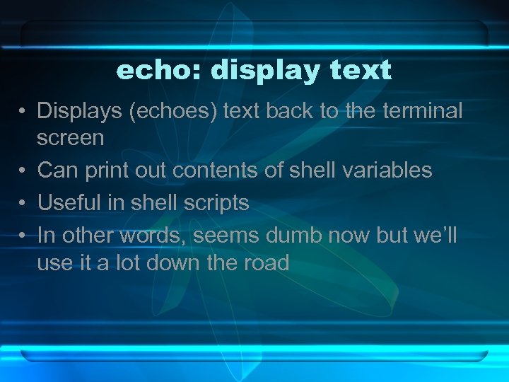 echo: display text • Displays (echoes) text back to the terminal screen • Can