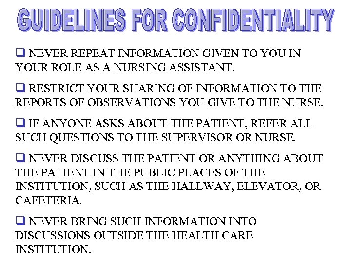 q NEVER REPEAT INFORMATION GIVEN TO YOU IN YOUR ROLE AS A NURSING ASSISTANT.