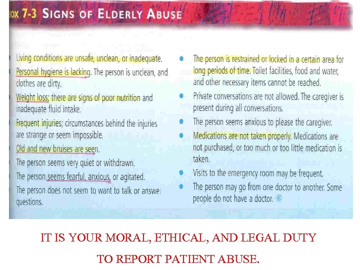 IT IS YOUR MORAL, ETHICAL, AND LEGAL DUTY TO REPORT PATIENT ABUSE. 
