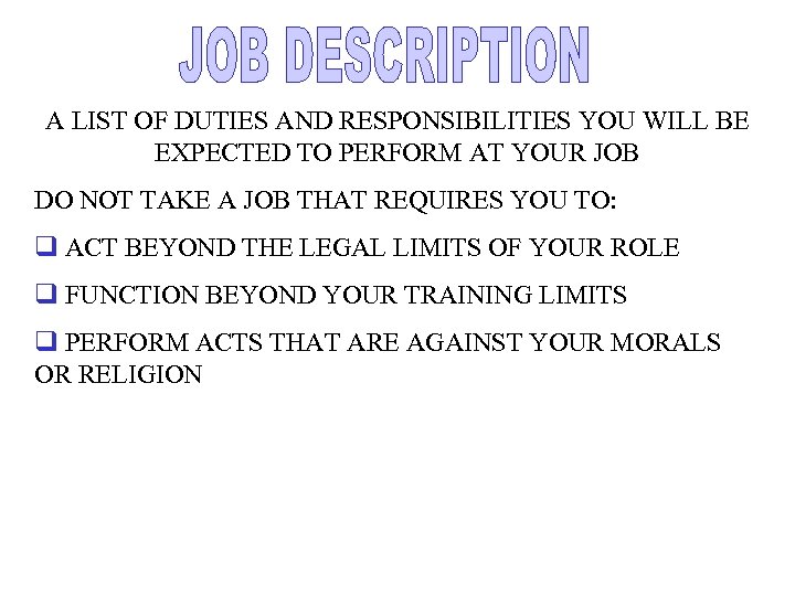 A LIST OF DUTIES AND RESPONSIBILITIES YOU WILL BE EXPECTED TO PERFORM AT YOUR