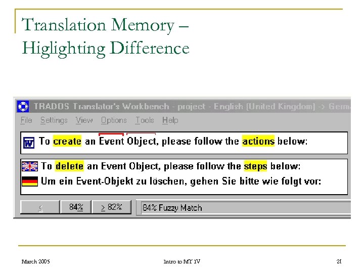 Translation Memory – Higlighting Difference March 2005 Intro to MT IV 21 