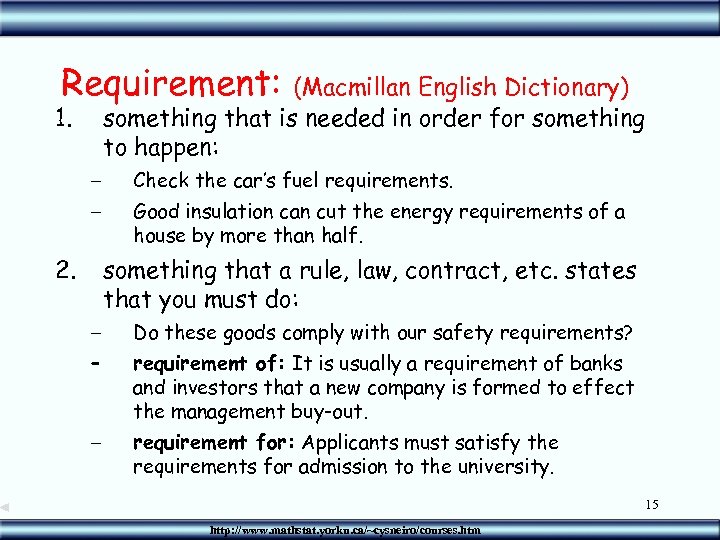 Requirement: (Macmillan English Dictionary) something that is needed in order for something to happen: