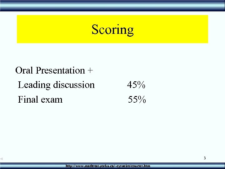 Scoring Oral Presentation + Leading discussion 45% Final exam 55% 3 http: //www. mathstat.