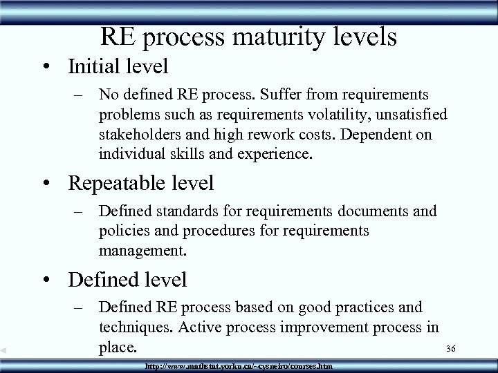 RE process maturity levels • Initial level – No defined RE process. Suffer from