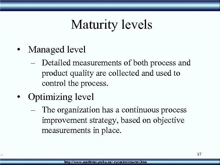 Maturity levels • Managed level – Detailed measurements of both process and product quality