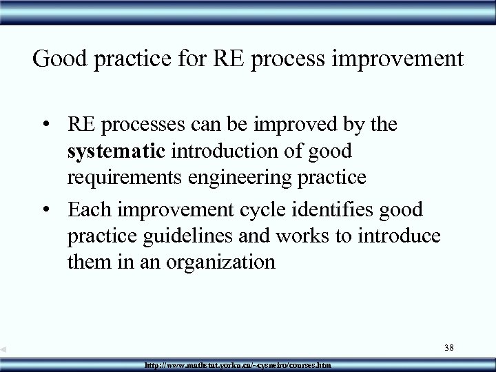 Good practice for RE process improvement • RE processes can be improved by the