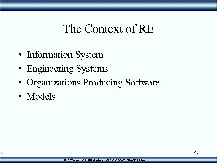 The Context of RE • • Information System Engineering Systems Organizations Producing Software Models