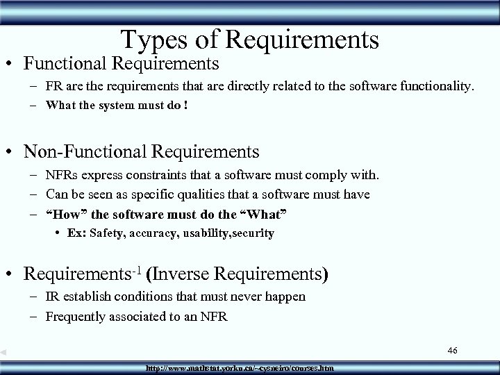 Types of Requirements • Functional Requirements – FR are the requirements that are directly