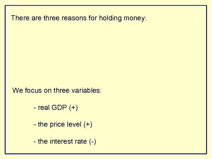 There are three reasons for holding money: We focus on three variables: - real