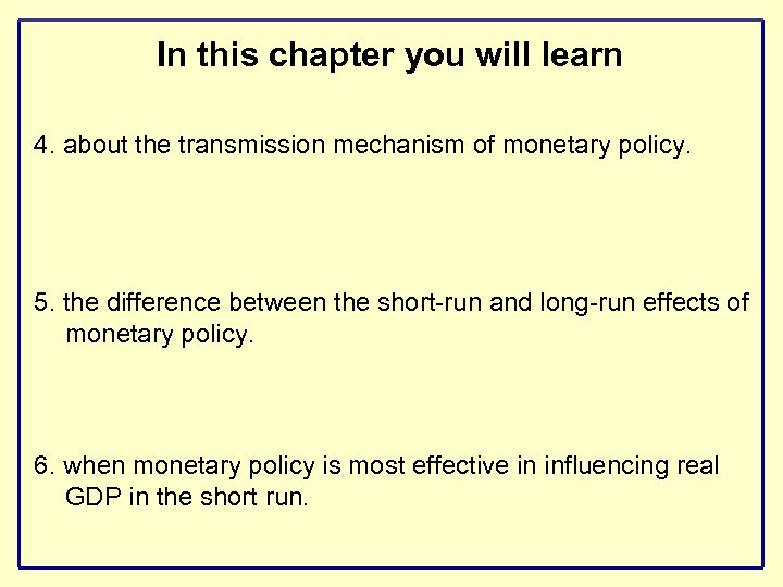 In this chapter you will learn 4. about the transmission mechanism of monetary policy.