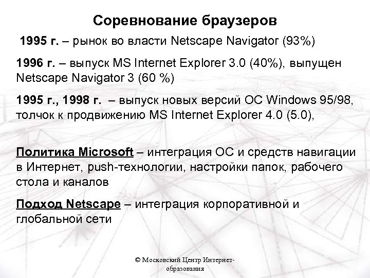 Соревнование браузеров 1995 г. – рынок во власти Netscape Navigator (93%) 1996 г. –