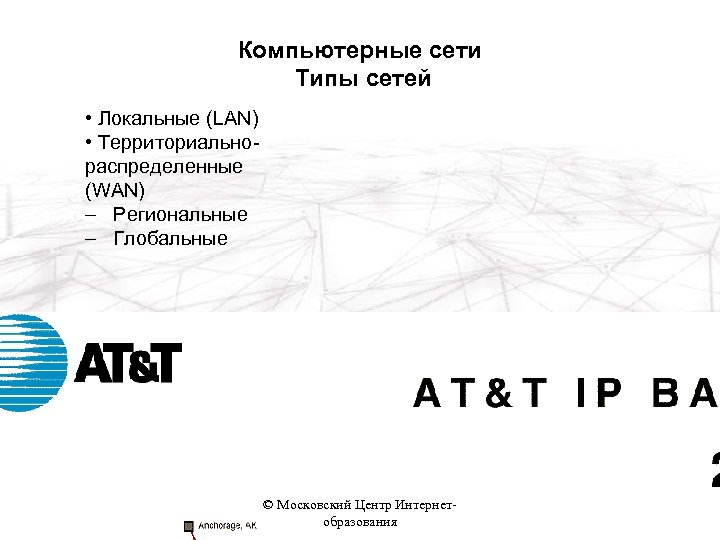 Компьютерные сети Типы сетей • Локальные (LAN) • Территориальнораспределенные (WAN) – Региональные – Глобальные