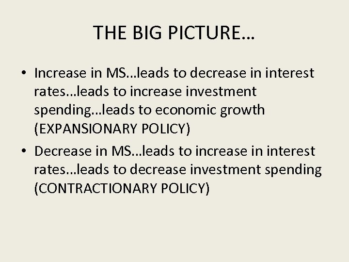 THE BIG PICTURE… • Increase in MS…leads to decrease in interest rates…leads to increase