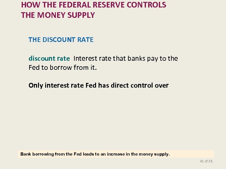 HOW THE FEDERAL RESERVE CONTROLS THE MONEY SUPPLY THE DISCOUNT RATE discount rate Interest