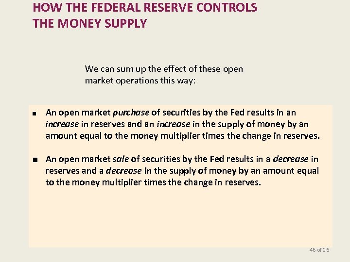 HOW THE FEDERAL RESERVE CONTROLS THE MONEY SUPPLY We can sum up the effect