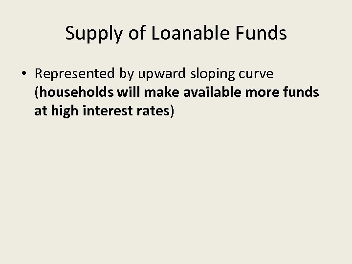 Supply of Loanable Funds • Represented by upward sloping curve (households will make available