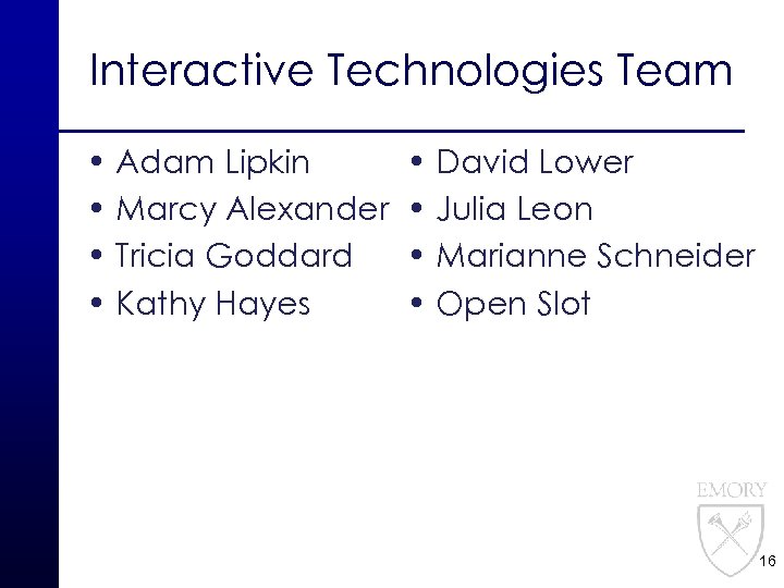 Interactive Technologies Team • Adam Lipkin • Marcy Alexander • Tricia Goddard • Kathy