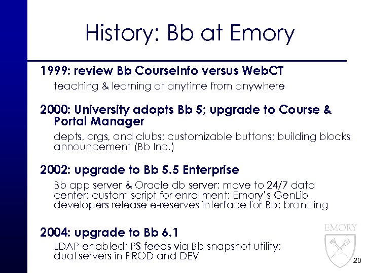 History: Bb at Emory 1999: review Bb Course. Info versus Web. CT teaching &