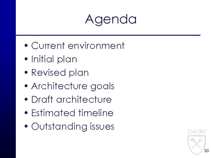 Agenda • Current environment • Initial plan • Revised plan • Architecture goals •