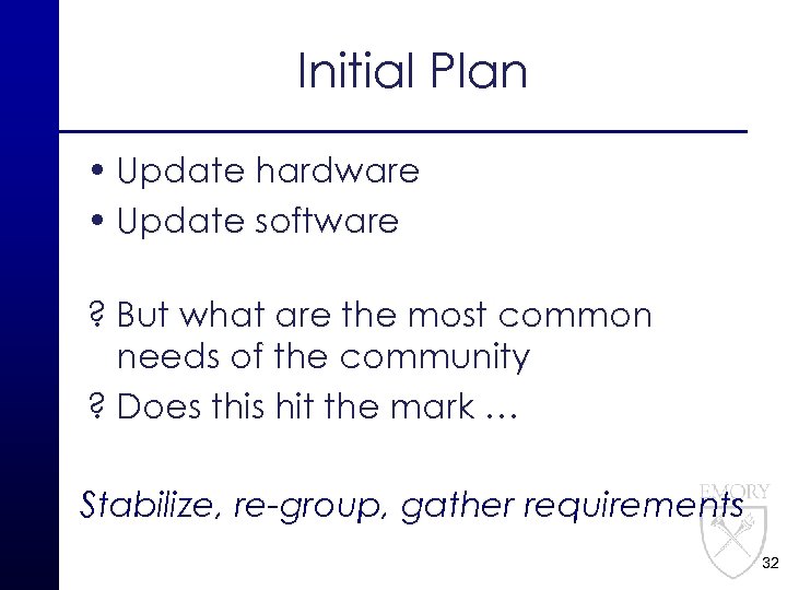 Initial Plan • Update hardware • Update software ? But what are the most