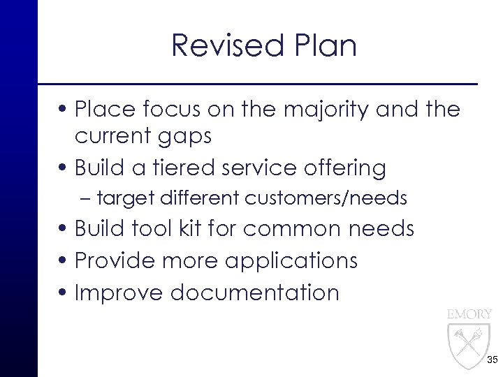 Revised Plan • Place focus on the majority and the current gaps • Build