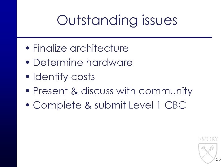 Outstanding issues • Finalize architecture • Determine hardware • Identify costs • Present &