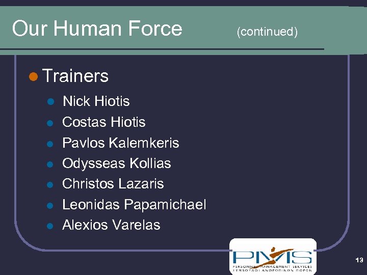 Our Human Force (continued) l Trainers l l l l Nick Hiotis Costas Hiotis