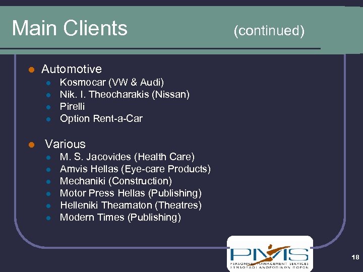 Main Clients l Automotive l l l (continued) Kosmocar (VW & Audi) Nik. I.