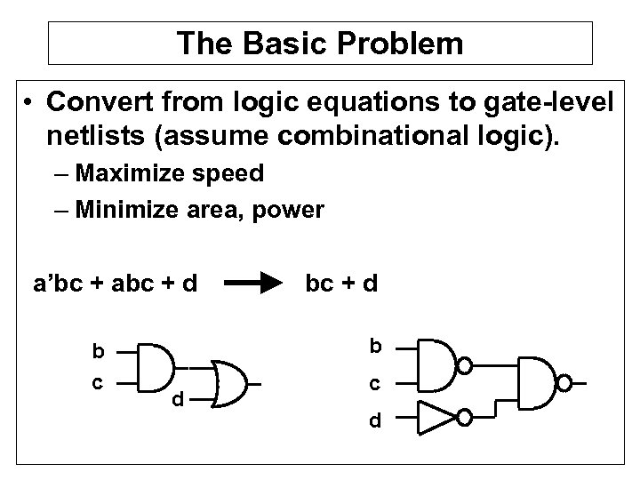 The Basic Problem • Convert from logic equations to gate-level netlists (assume combinational logic).