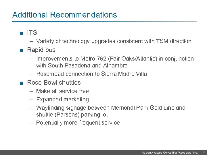 Additional Recommendations ■ ITS – Variety of technology upgrades consistent with TSM direction ■