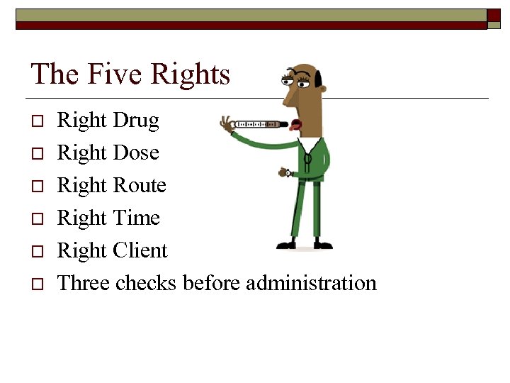 The Five Rights o o o Right Drug Right Dose Right Route Right Time