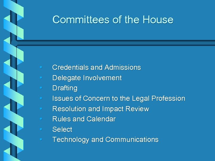 Committees of the House • • Credentials and Admissions Delegate Involvement Drafting Issues of