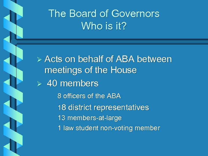 The Board of Governors Who is it? Ø Acts on behalf of ABA between