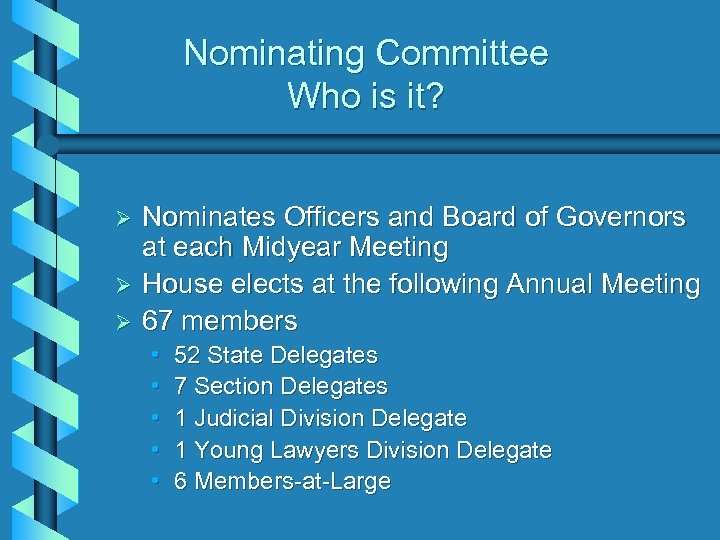Nominating Committee Who is it? Ø Ø Ø Nominates Officers and Board of Governors