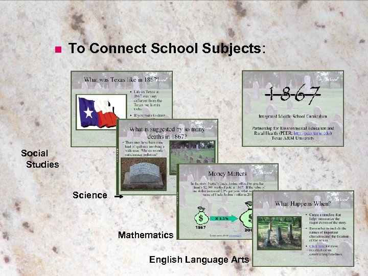 n To Connect School Subjects: Social Studies Science Mathematics English Language Arts 