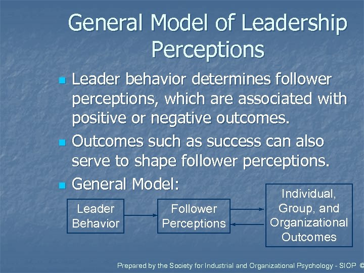 General Model of Leadership Perceptions n n n Leader behavior determines follower perceptions, which