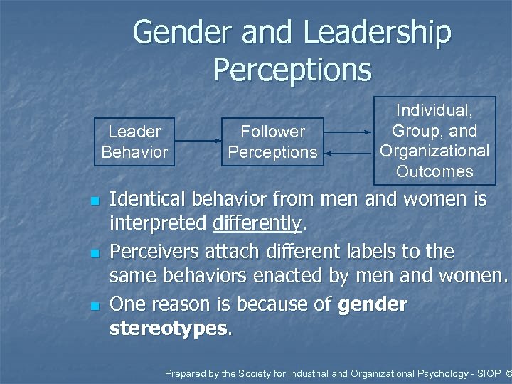 Gender and Leadership Perceptions Leader Behavior n n n Follower Perceptions Individual, Group, and