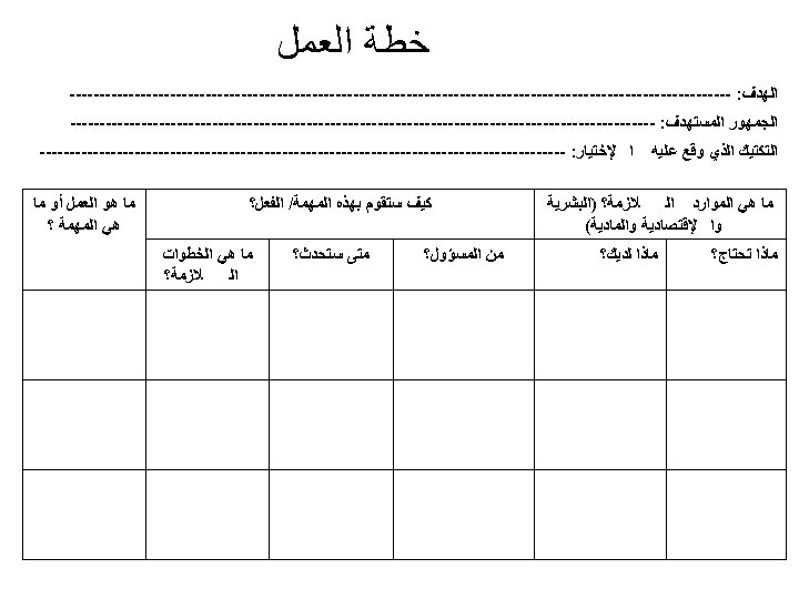  ﺧﻄﺔ ﺍﻟﻌﻤﻞ ﺍﻟﻬﺪﻑ: -------------------------------------------------------- ﺍﻟﺠﻤﻬﻮﺭ ﺍﻟﻤﺴﺘﻬﺪﻑ: -------------------------------------------------- ﺍﻟﺘﻜﺘﻴﻚ ﺍﻟﺬﻱ ﻭﻗﻊ ﻋﻠﻴﻪ ﺍ ﻹﺧﺘﻴﺎﺭ: