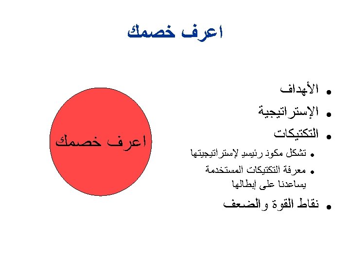  ﺍﻋﺮﻑ ﺧﺼﻤﻚ ﺍﻷﻬﺪﺍﻑ ﺍﻹﺳﺘﺮﺍﺗﻴﺠﻴﺔ ﺍﻟﺘﻜﺘﻴﻜﺎﺕ ﺗﺸﻜﻞ ﻣﻜﻮﻧ ﺭﺋﻴﺴﻴ ﻹﺳﺘﺮﺍﺗﻴﺠﻴﺘﻬﺎ ﻣﻌﺮﻓﺔ ﺍﻟﺘﻜﺘﻴﻜﺎﺕ ﺍﻟﻤﺴﺘﺨﺪﻣﺔ ﻳﺴﺎﻋﺪﻧﺎ