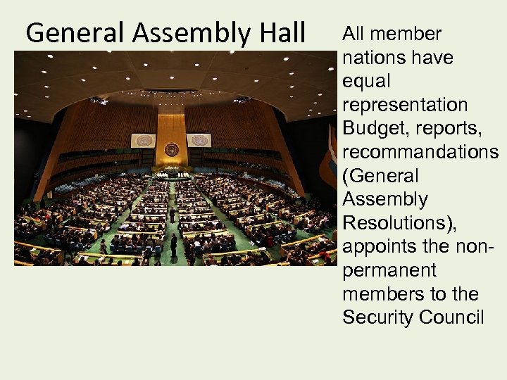 General Assembly Hall All member nations have equal representation Budget, reports, recommandations (General Assembly
