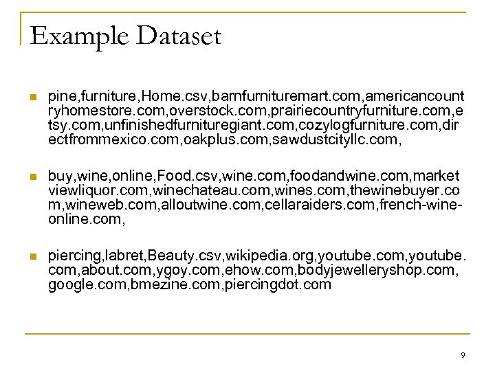 Example Dataset n pine, furniture, Home. csv, barnfurnituremart. com, americancount ryhomestore. com, overstock. com,