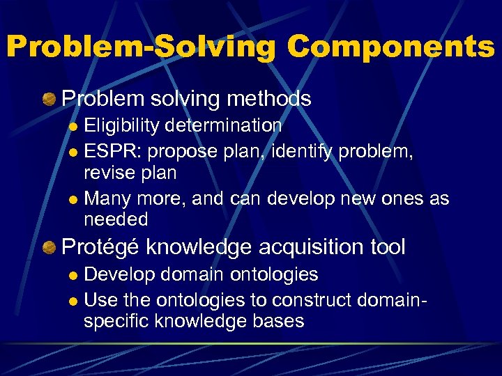 Problem-Solving Components Problem solving methods Eligibility determination l ESPR: propose plan, identify problem, revise