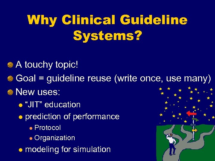 Why Clinical Guideline Systems? A touchy topic! Goal = guideline reuse (write once, use