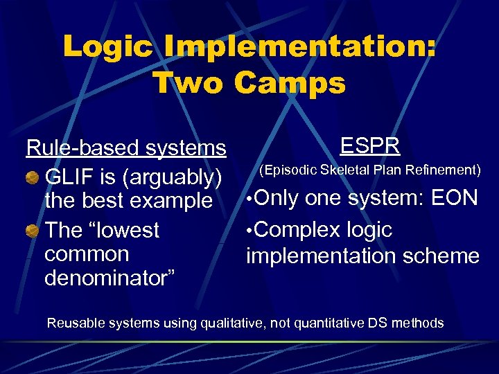 Logic Implementation: Two Camps ESPR Rule-based systems GLIF is (arguably) (Episodic Skeletal Plan Refinement)